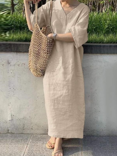 Women's Casual Dresses V-Neck Loose Solid Cotton Linen Dress