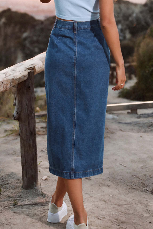 Elegant Solid Buckle Slit High Waist Pencil Solid Color Denim Skirt