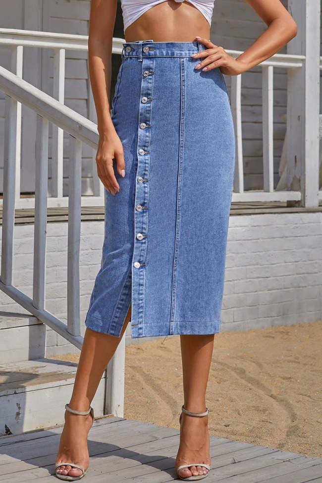 Elegant Solid Buckle Slit High Waist Pencil Solid Color Denim Skirt