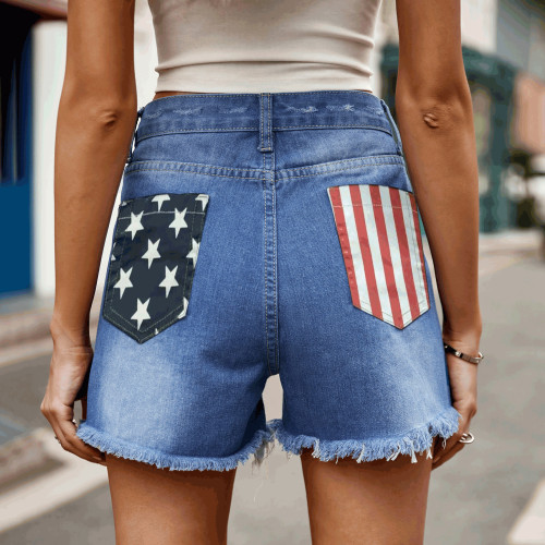 Women's Denim Shorts American Flag Pocket Ripped Tassel Short Jean