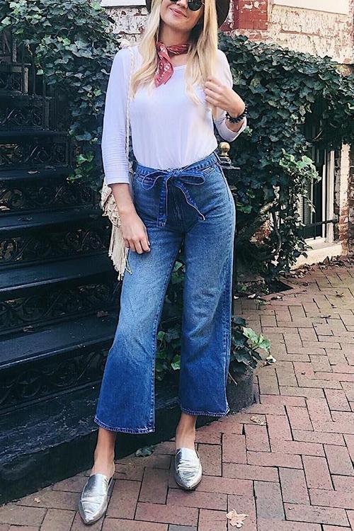 Women's Denim Jeans Belted Loose High Waist Flared Jeans