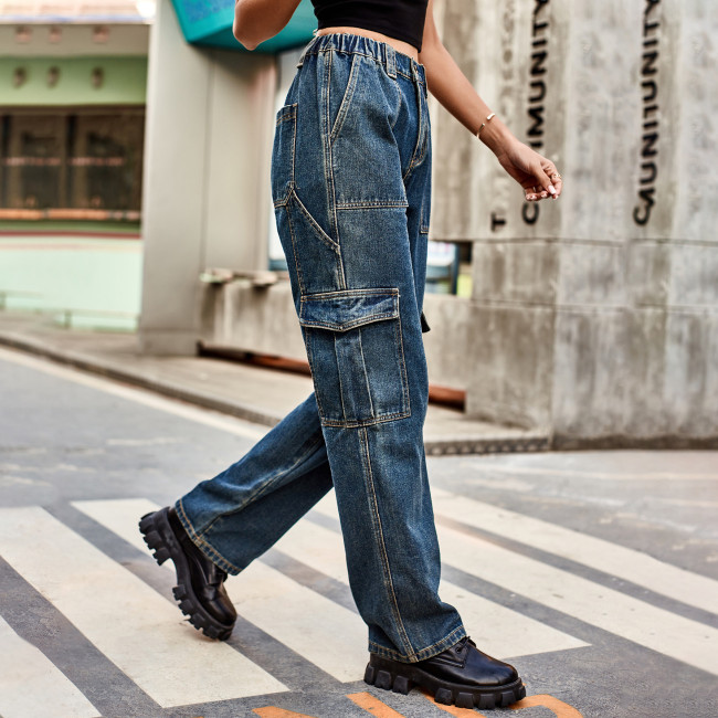 Women's Denim Jeans Long Straight Big Pocket Workwear Cargo Jean Pant