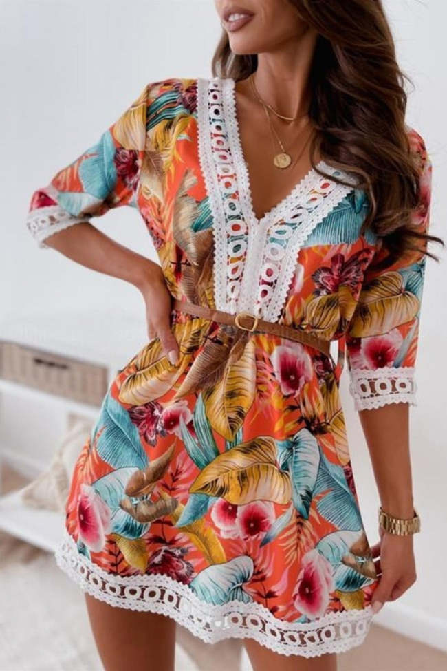 Fashion Sweet Print Patchwork V Neck A Line Dresses