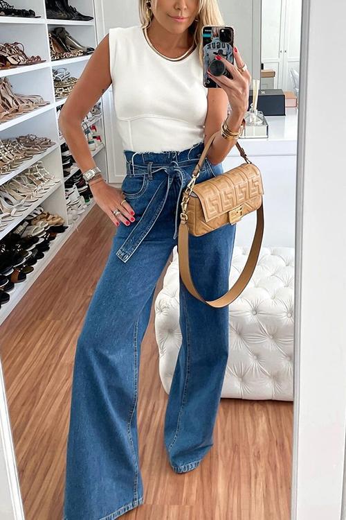 Women's Denim Jeans Belted Loose High Waist Flared Jeans