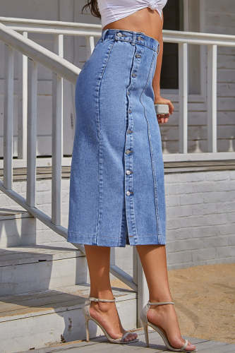 Elegant Solid Buckle Slit High Waist Pencil Solid Color Denim Skirt