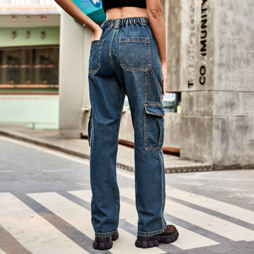 Women's Denim Jeans Long Straight Big Pocket Workwear Cargo Jean Pant