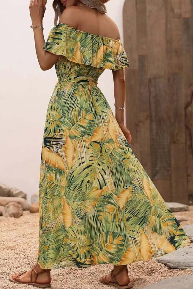 Sexy Vacation Floral Frenulum Slit Off the Shoulder Printed Dress Dresses