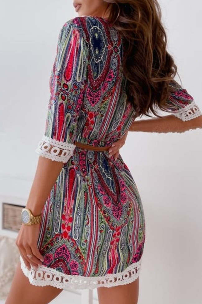 Fashion Sweet Print Patchwork V Neck A Line Dresses