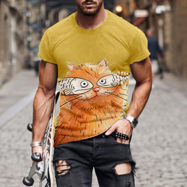 Mens Cat Lover Crew Neck Short Sleeve Shirt, The Coffee Cat With Fish Cover The  Eyes Men T Shirt