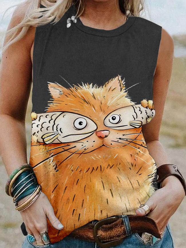 Women's Cat Lover Vest Shirt, The Coffee Cat With Fish Cover The  Eyes Sleeveless Shirt