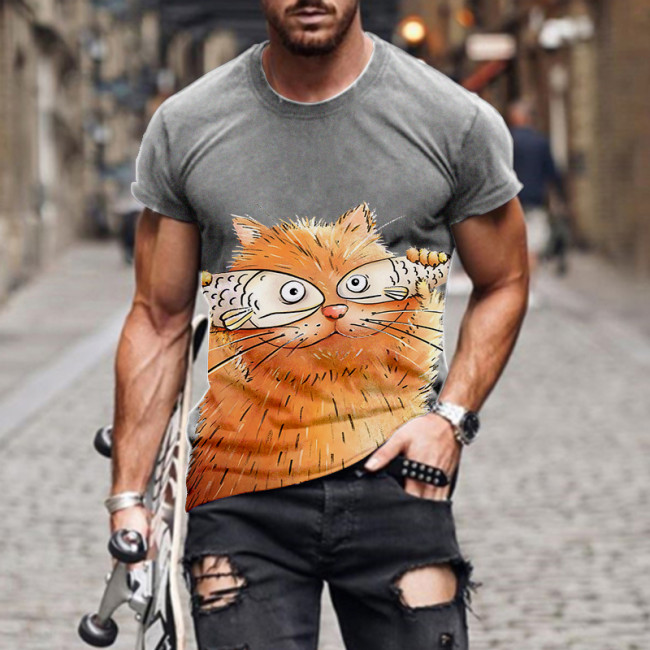 Mens Cat Lover Crew Neck Short Sleeve Shirt, The Coffee Cat With Fish Cover The  Eyes Men T Shirt