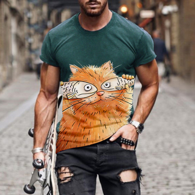 Mens Cat Lover Crew Neck Short Sleeve Shirt, The Coffee Cat With Fish Cover The  Eyes Men T Shirt