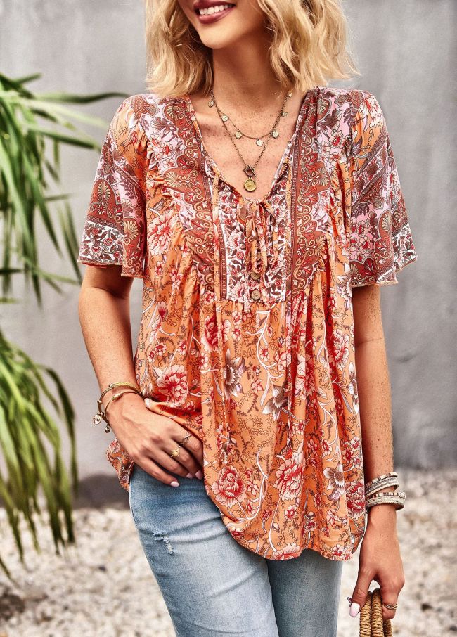 Women's Bohemian Blouse Floral Printed Casual V-neck Top