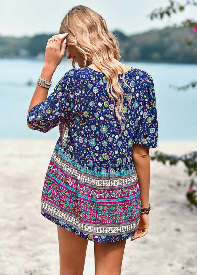 Women's Bohemian Blouse V-Neck Floral Print Shirt Top