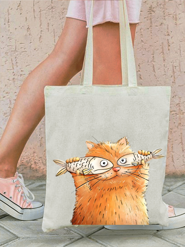 Cute Cat Print Shopping Bag Size 40CM-36CM Eco-friendly  Cat with Fish Cover Eyes Canvas Big Size Bag