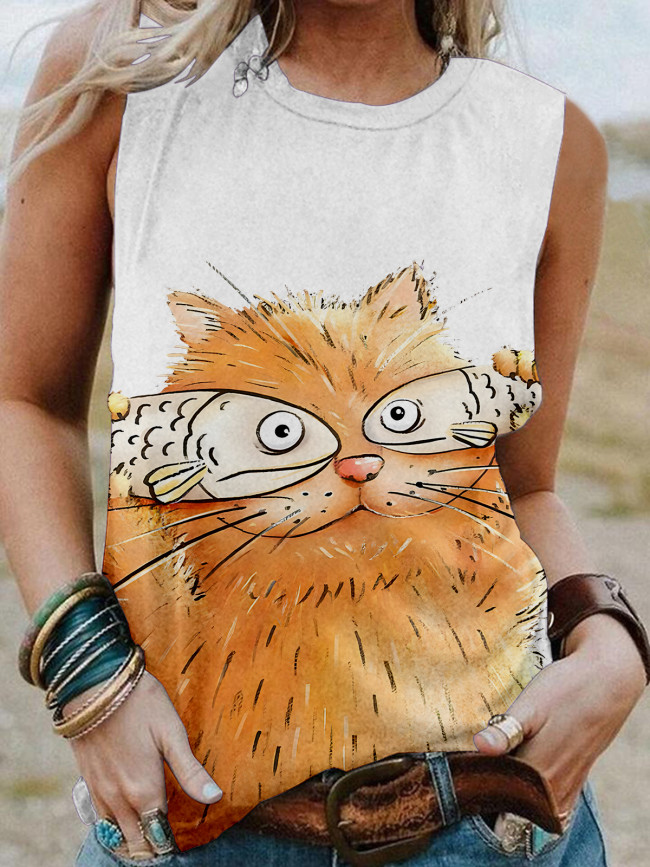 Women's Cat Lover Vest Shirt, The Coffee Cat With Fish Cover The  Eyes Sleeveless Shirt