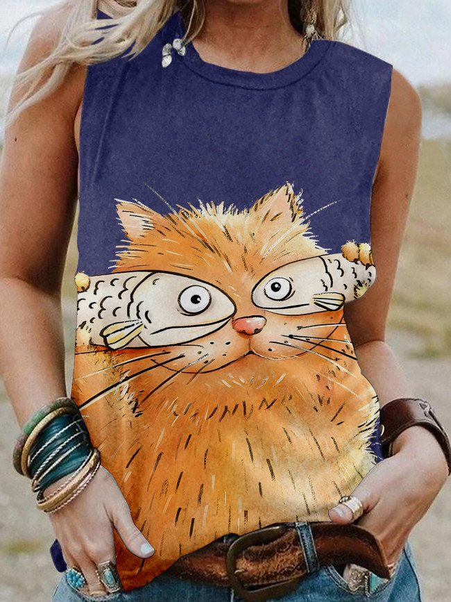 Women's Cat Lover Vest Shirt, The Coffee Cat With Fish Cover The  Eyes Sleeveless Shirt