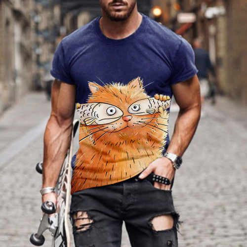 Mens Cat Lover Crew Neck Short Sleeve Shirt, The Coffee Cat With Fish Cover The  Eyes Men T Shirt