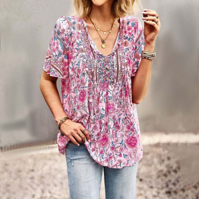 Women's Bohemian Blouse Floral Printed Casual V-neck Top