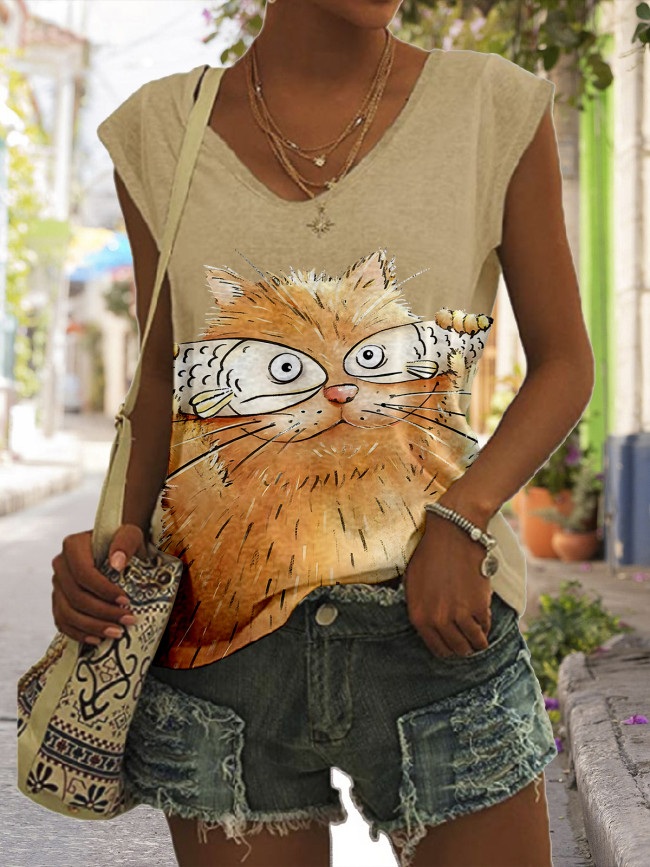 Women's Cat Lover Cap Shirt, The Coffee Cat With Fish Cover The  Eyes Cap Shirt V Neck Short Sleeve T Shirt