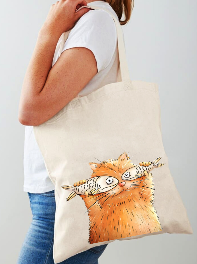 Cute Cat Print Shopping Bag Size 40CM-36CM Eco-friendly  Cat with Fish Cover Eyes Canvas Big Size Bag