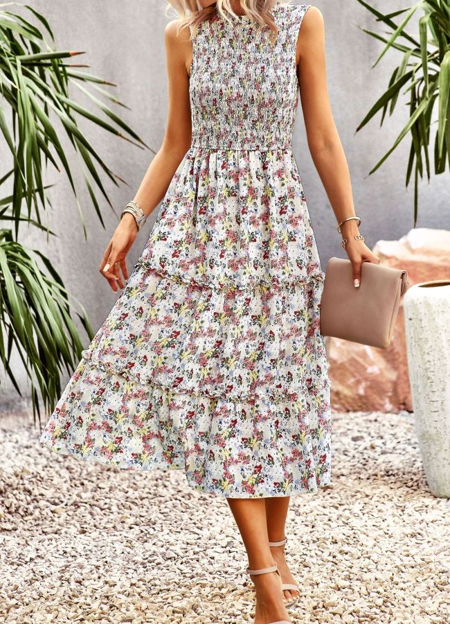 Women's Bohemian Dress Floral Print Layer Holiday Vacation Dress