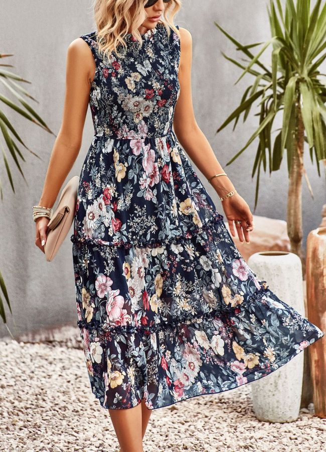 Women's Bohemian Dress Floral Print Layer Holiday Vacation Dress