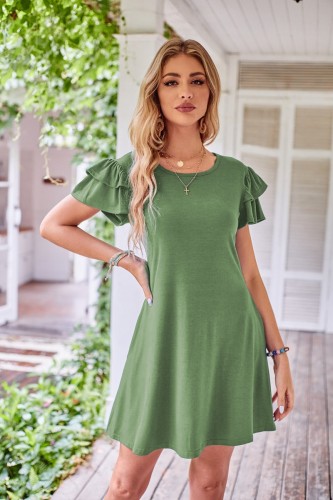 Women's Casual Dress Round Neck Fly Sleeve Short Sleeve Pocket Dress-6Colors