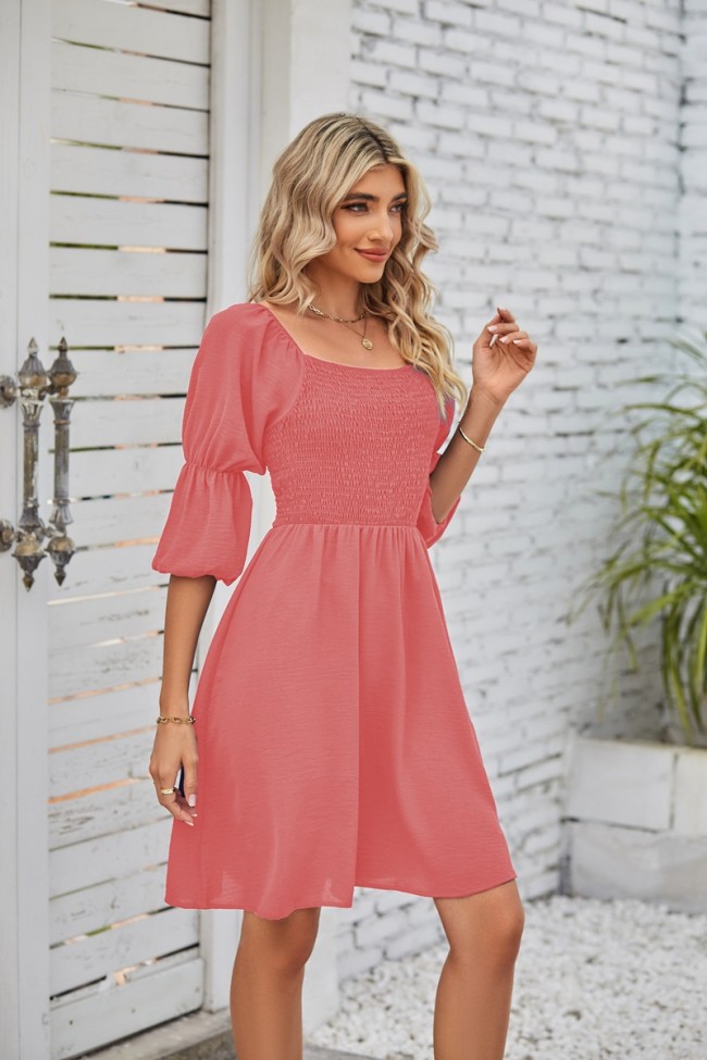 Women's Casual Dress Square Neck Puff Sleeve Ruched Backless Dress