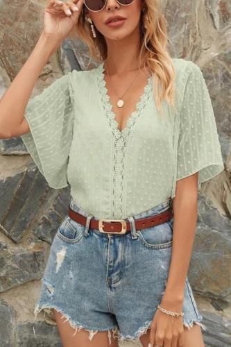 Lace V Neck Flares Short Sleeve Boho Blouse