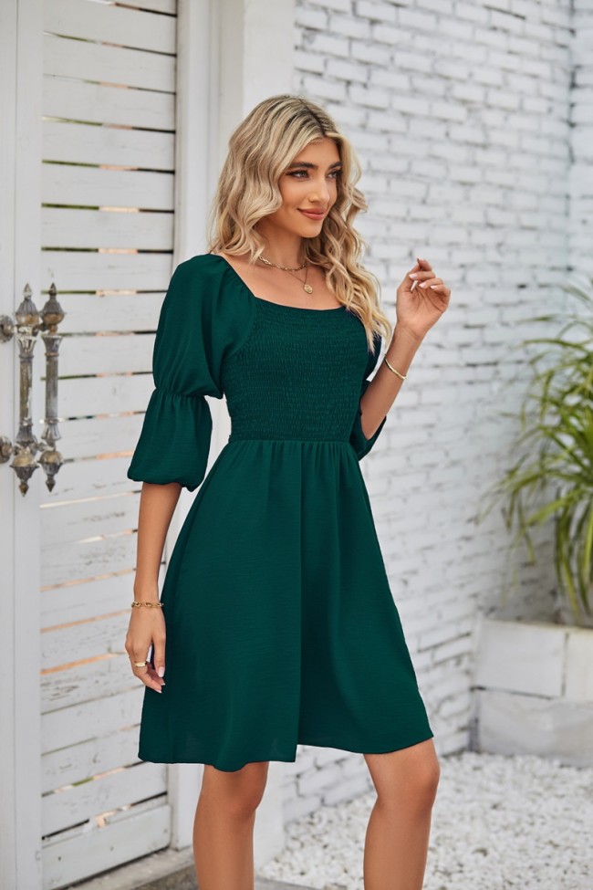 Women's Casual Dress Square Neck Puff Sleeve Ruched Backless Dress