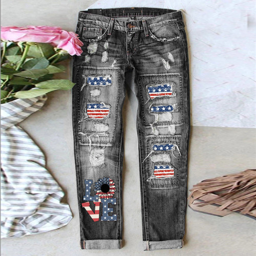 Women's Jeans American Flag Ripped Mid Waist Jean