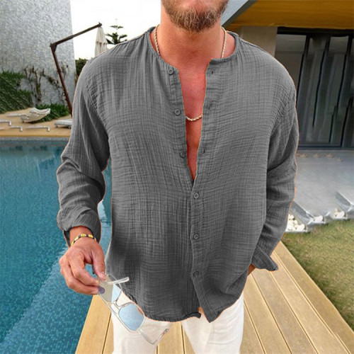 Men's Cotton Linen Shirts Loose O-Neck Long Sleeve Linen Blouse