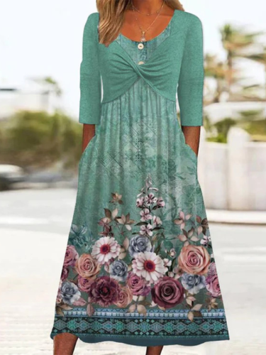 Women's Boho Dress Crew Neck Mid Sleeve Floral Print Midi Dresses
