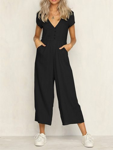 Women's Jumpsuit Button Solid Color V Neck Basic Daily Vacation Overall