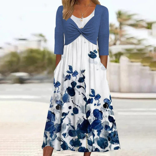 Women's Boho Dress Crew Neck Mid Sleeve Floral Print Midi Dresses