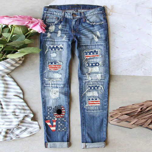 Women's Jeans American Flag Ripped Mid Waist Jean