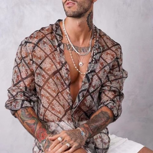Men's Sexy See-Through Shirt Mesh Print Breathable Stand Collar Slim Fit Shirt