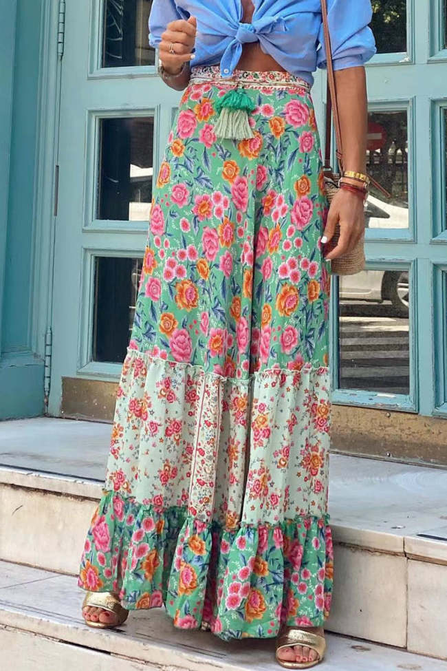 Casual Vacation Floral Patchwork Loose High Waist Type A Full Floral Print Bohemian Skirts