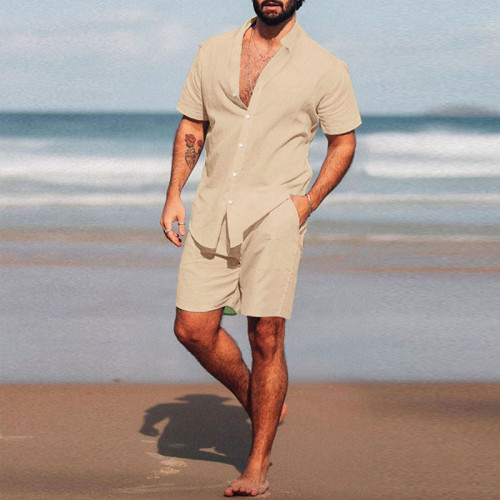 Men's Holiday Two Piece Set Casual Solid Short Sleeve Shirt and Short Pant Beach Vacation Sets