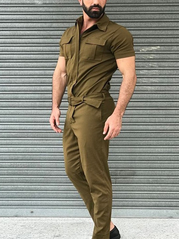 US 42.89 Men's Casual Jumpsuit Solid Color Cargo Overall with Front
