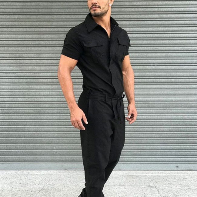 Men's Casual Jumpsuit Solid Color Cargo Overall with Front Pocket
