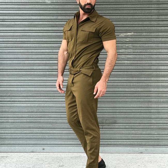 Men's Casual Jumpsuit Solid Color Cargo Overall with Front Pocket