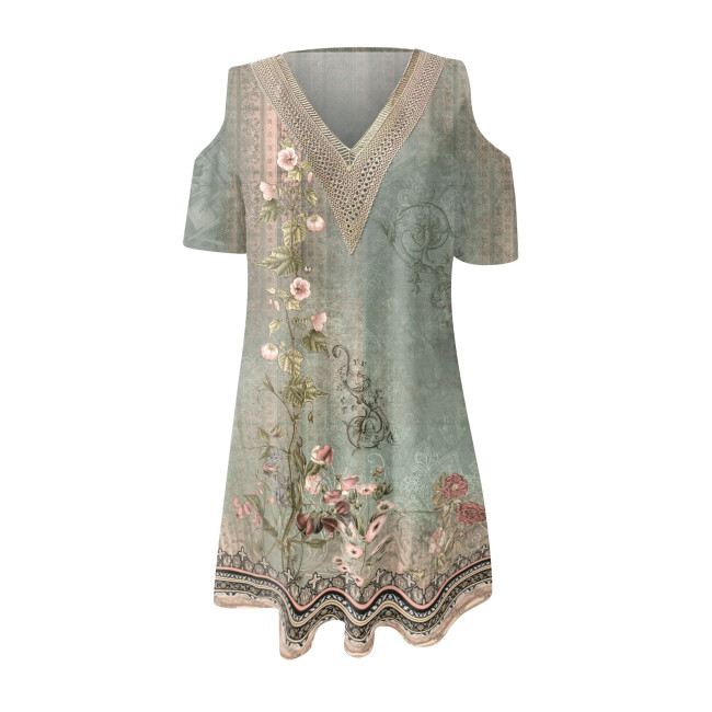 Women's Casual Dresses Hollow out Sleeve Lace V-Neck Vintage Floral Print Mini Dress