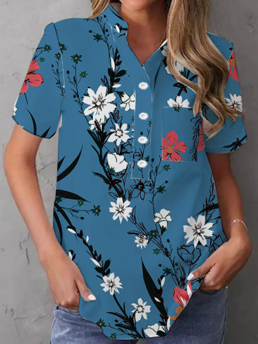 Women's Casual Floral Shirts V-Neck Loose Floral Print Blouse Top