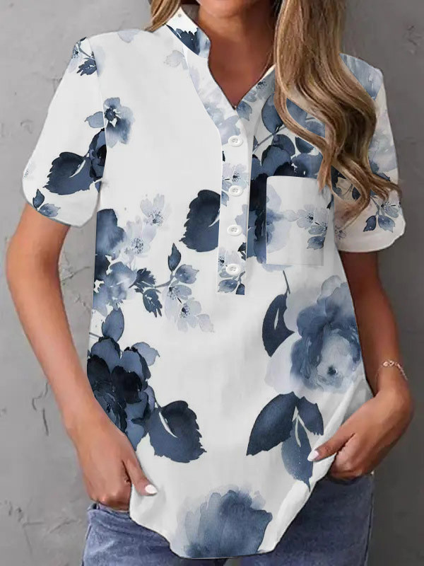 Women's Casual Floral Shirts V-Neck Loose Floral Print Blouse Top