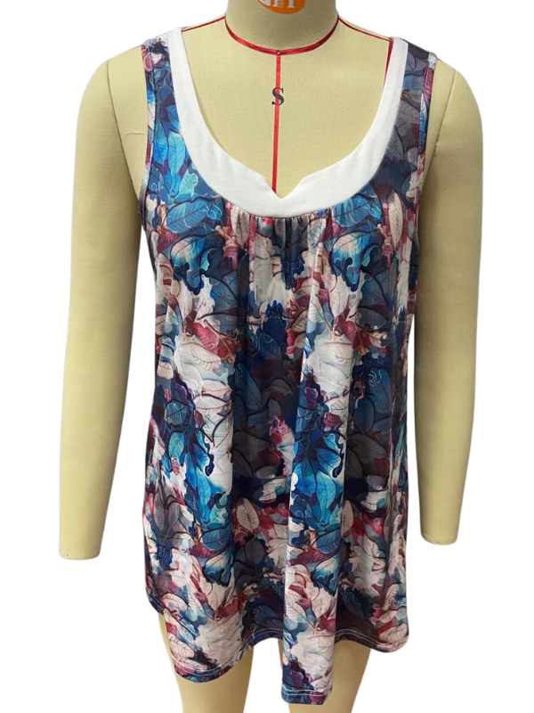 Women's Casual Floral Tanks Summer Color Block Crew Neck Abstract Art Floral Print Tank Top