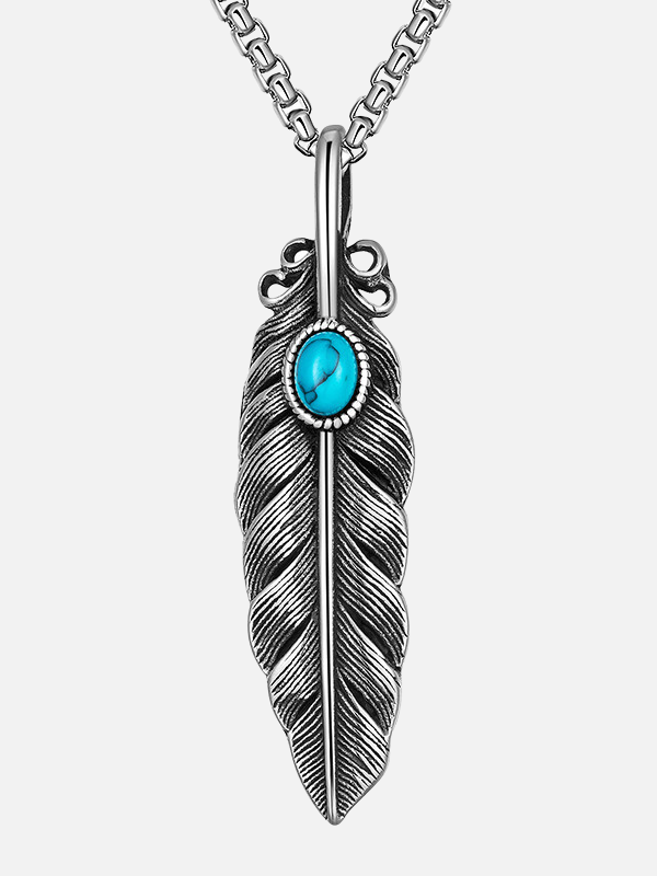 Turquoise Feather Necklace Titanium Steel Vintage Silver Punk Gothic Hippie Long Leaf Pendant Necklace Jewelry
