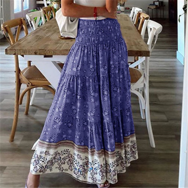 Purple Floral Print Shirred High Waist Maxi Skirt