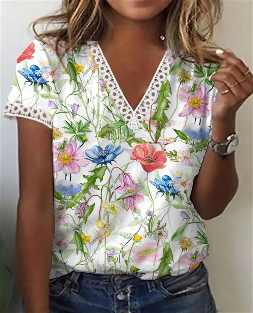 US$ 19.99 - Women's Floral Top Lace V-Neck Loose Floral Print Short ...